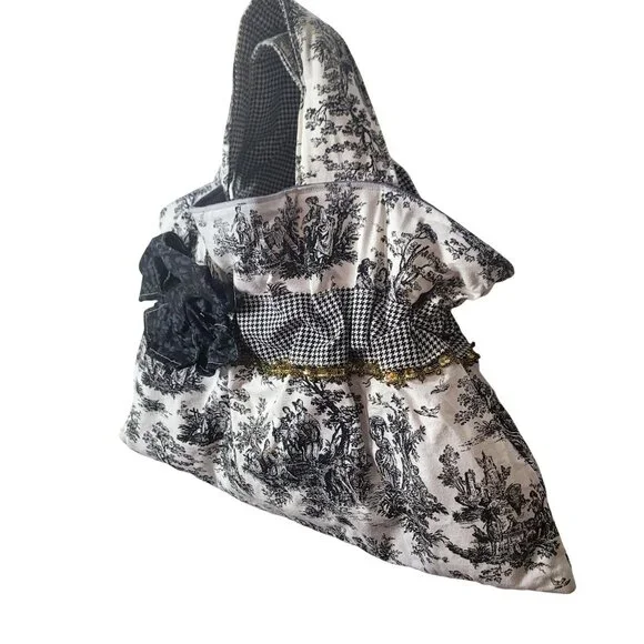 Handmade Black & White Toile & Houndstooth Tote Bag With Ruffled Detail & Gold T - Picture 12 of 15